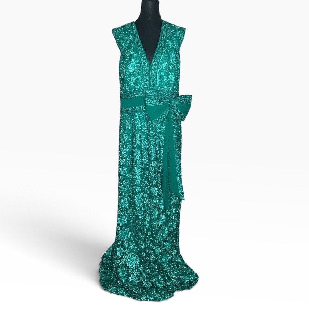 Tadashi Shoji Emerald Green Floral Embroidered Lace V-Neck Gown Bow Detail 14